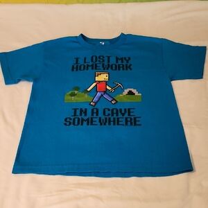 Blue Graphic Minecraft T-Shirt with Fun Print. Size Large